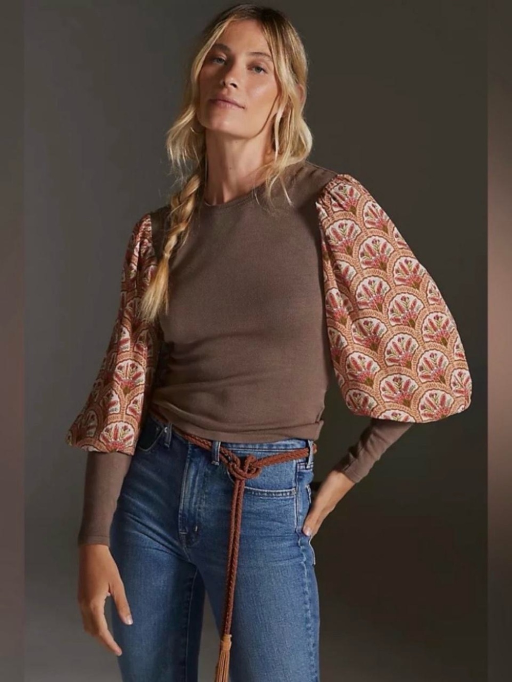 Anthropologie Bl-nk Puff-Sleeve Mixed Media Boho Puff Sleeve Sweater Sz M